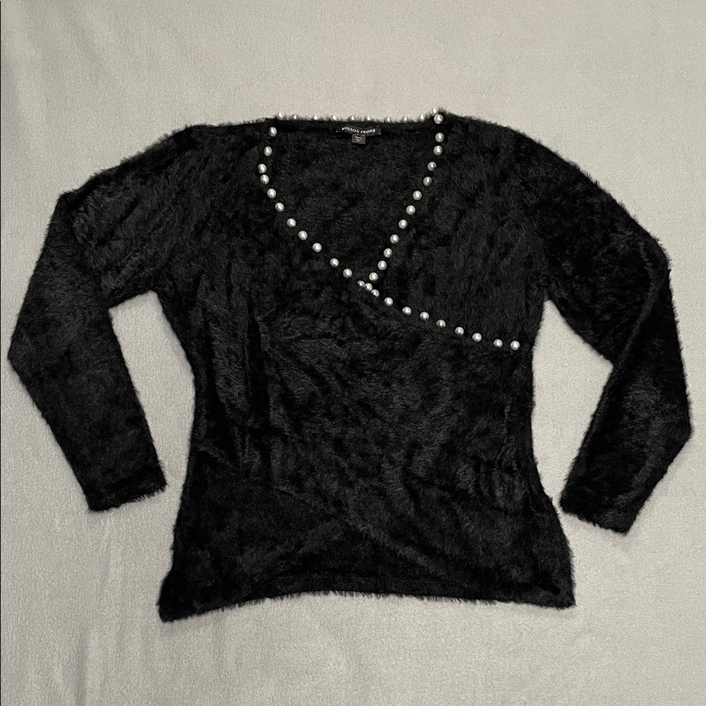 Boston Proper Pearl Trim Plush Surplice V Neck Sweater Size L Casual Formal Soft